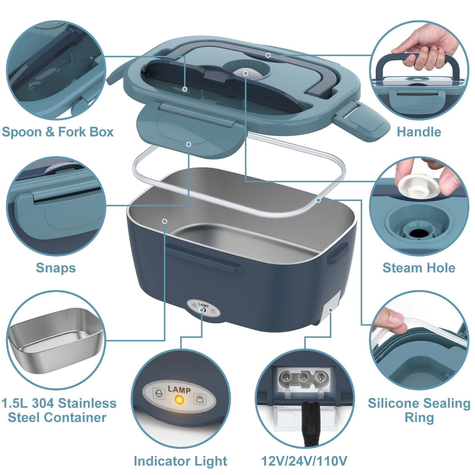 Herrfilk 80W BPA Free Large Capacity Electric Lunch Box 304 Stainless Steel Electric Lunch Box Food Warmer for Car Office thumbnail 9