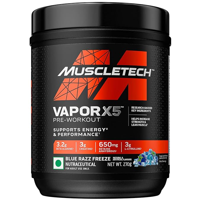 MuscleTech VaporX5 BlueRazz Pre-Workout | Performance Energy & Focus Formula | Creatine & Amino Blend for Strength & Endurance | Refreshing Blue Raspberry Workout Drink