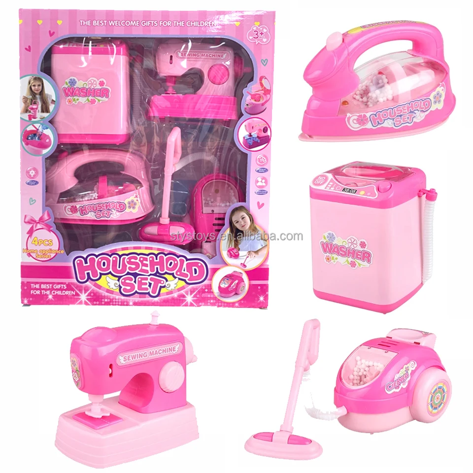 Happy Family 4-Piece Mini Electric Home Appliance Set Plastic Simulated Cleaning Tools for Children Baby Dolls Housekeeping Toys