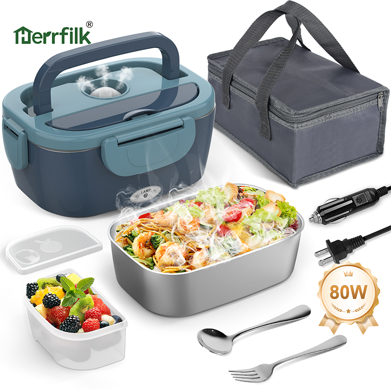 Herrfilk 80W BPA Free Large Capacity Electric Lunch Box 304 Stainless Steel Electric Lunch Box Food Warmer for Car Office