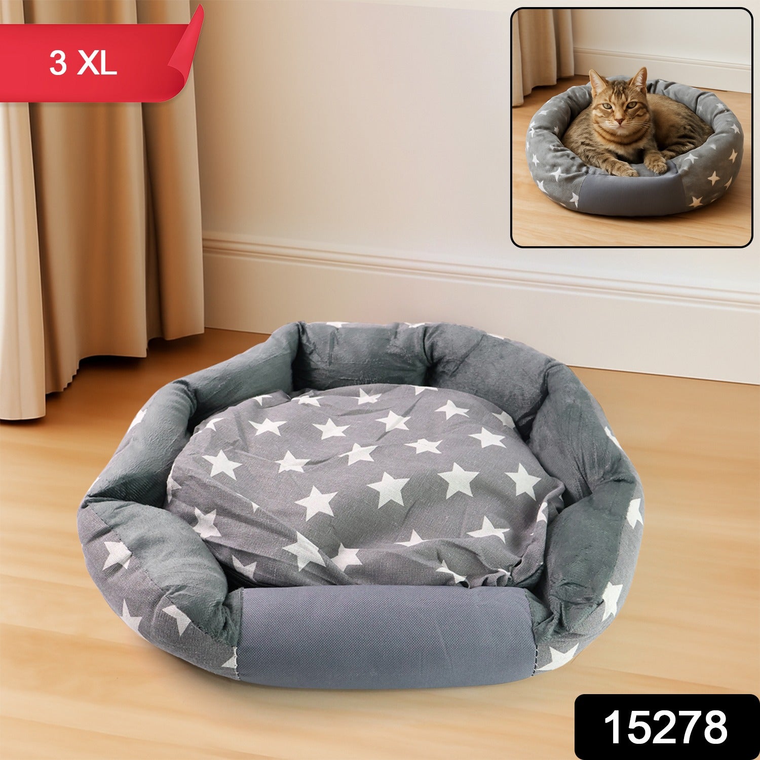 3XL Extra-Large Star Pattern Round Pet Bed for Cats & Small Dogs thumbnail 6