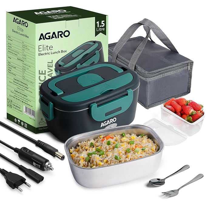 AGARO Elite Electric Lunch Box, 1.5L Food Heater for Daily Office Use & Travel, Portable Food Warmer, Stainless Steel Container, Reheat in 30 Min, Leak-Proof, Detachable Cord, 2 Compartment Hot Selling