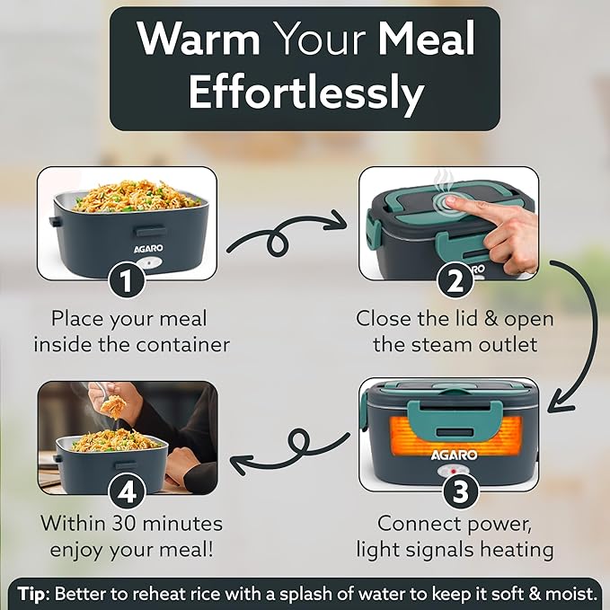 AGARO Elite Electric Lunch Box, 1.5L Food Heater for Daily Office Use & Travel, Portable Food Warmer, Stainless Steel Container, Reheat in 30 Min, Leak-Proof, Detachable Cord, 2 Compartment Hot Selling thumbnail 2