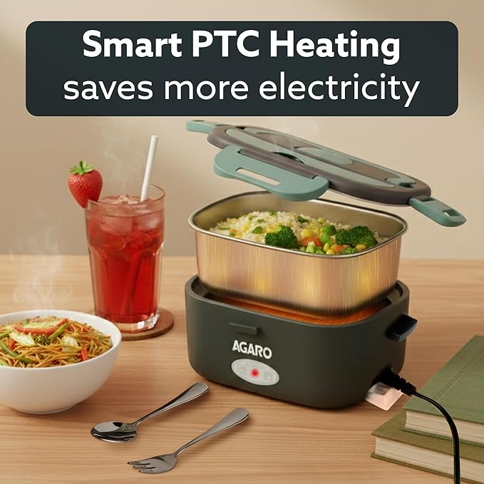 AGARO Elite Electric Lunch Box, 1.5L Food Heater for Daily Office Use & Travel, Portable Food Warmer, Stainless Steel Container, Reheat in 30 Min, Leak-Proof, Detachable Cord, 2 Compartment Hot Selling thumbnail 3